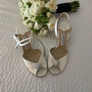 Jimmy Choo Sacora Satin Heels with Crystal Brooch Accent